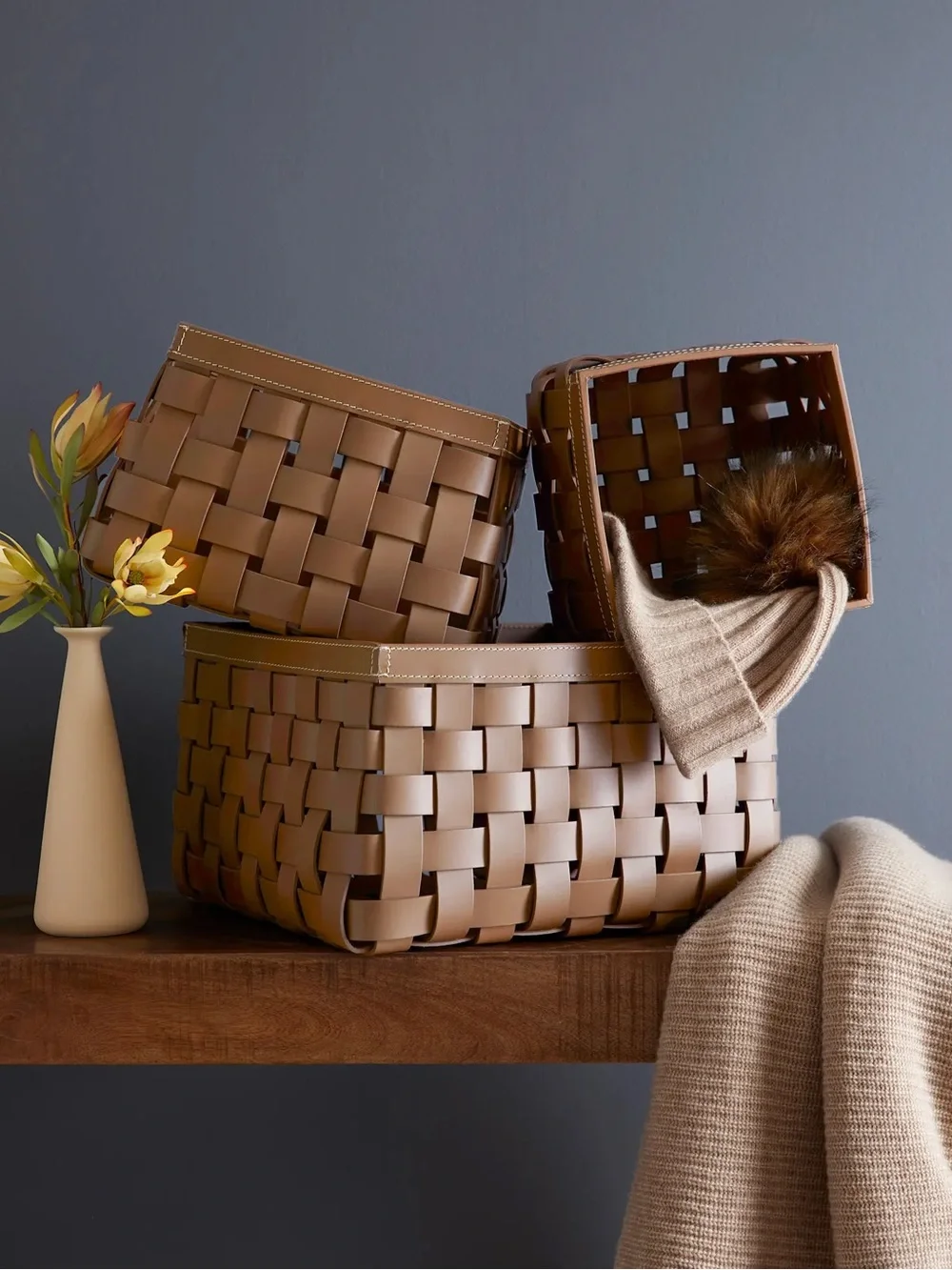 QUINCE Recycled Woven Leather Baskets (set of 3) Cognac